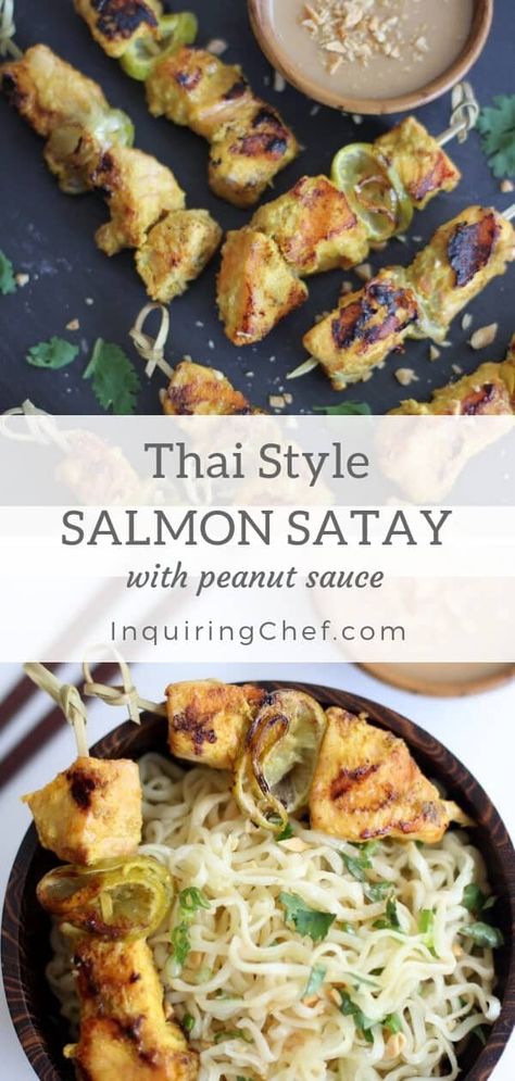 Salmon Satay, Peanut Salmon, Marinate Salmon, Authentic Thai Recipes, Satay Recipe, Teriyaki Shrimp, Peanut Dipping Sauce, Gluten Free Fish, Easy Chicken Recipe