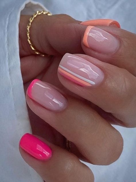 peach nail design: hot pink Peach And Pink Nail Designs, Neon French Pedicure, Neon Peach Nails Design, Peach Coral Nails, Ascetic Nails, Coral Tip Nails, Summer Nail Ideas French Tips, Nail Design Hot Pink, Pink And Coral Nails