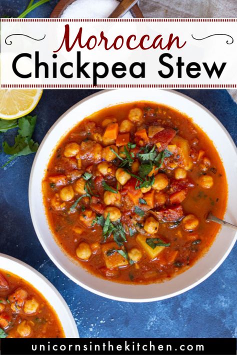 Chickpea Beef Stew, Harissa Chickpea Stew, Meals With Chickpeas Healthy Recipes, Vegan Moroccan Stew, Vegetarian Moroccan Stew, Mediterranean Chickpea Stew, Chickpeas Stew Recipes, Moroccan Stew Vegetarian, Chickpeas Soup Recipes