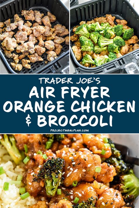 This Air Fryer Trader Joe's Orange Chicken and Broccoli dinner combines the best frozen entree from TJ's with your air fryer! The whole family will love this new take on orange chicken that comes together in 20 minutes! #airfryer #traderjoesorangechicken #traderjoesdinner #projectmealplan Trader Joe’s Orange Chicken, Trader Joe’s Meals Healthy, Keto At Trader Joe’s, Trader Joe's Dinner, Trader Joes Dinner Ideas Easy, Air Fryer Recipes Trader Joes, Trader Joes Dinner Ideas Families, Air Fryer Trader Joes, Trader Joe’s Air Fryer Recipes