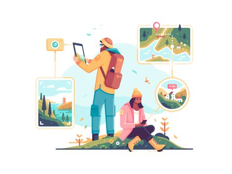 Hiking autumn interface ui people exploration map photo navigation travel nature character color illustration Illustration Pop Art, Creative Watercolor, Doodle Painting, Pencil Creative, Painting Pencil, 동화 삽화, Flat Design Illustration, 캐릭터 드로잉, Hiking Fashion