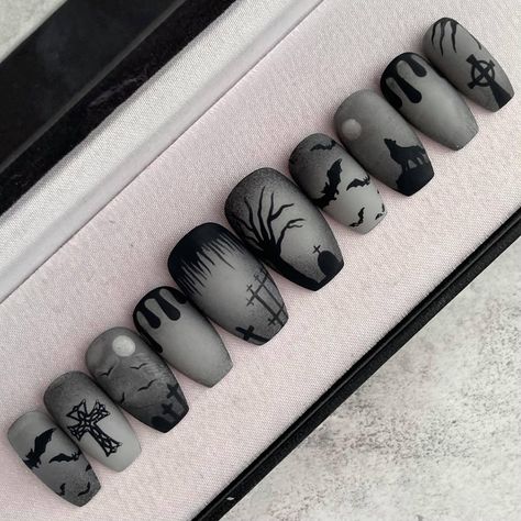 Graveyard Nails, Foggy Graveyard, Graveyard Scene, Tree Nail Art, Horror Nails, Mens Nails, Goth Nails, Nail Sets, Nail Photos