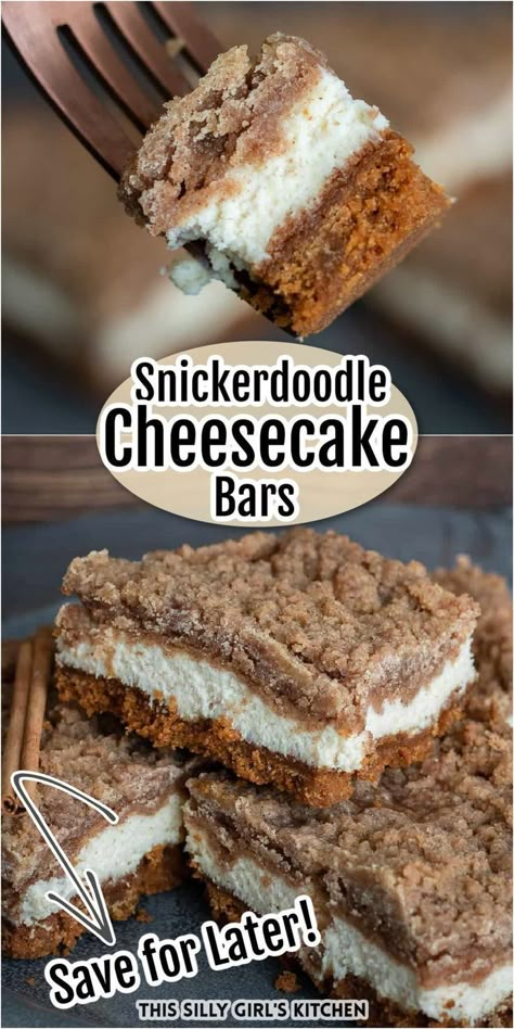 Snickerdoodle Cheesecake Bars, Cinnamon Crumble Topping, Snickerdoodle Cheesecake, Snickerdoodle Bars, Cinnamon Filling, Cinnamon Crumble, Cheesecake Bar Recipes, Cookie Bar, Cheesecake Filling