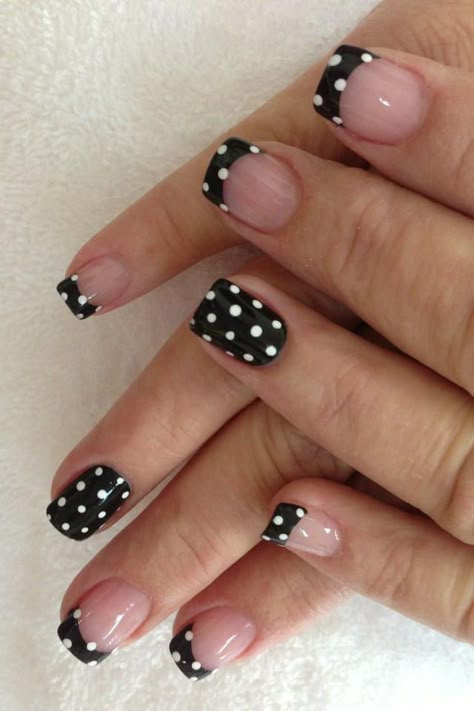 Stripes And Polka Dots Nail Designs, Short Nail Designs Dots, Pika Dot Nails, Polka Dot And Stripe Nails, Pokadot Nail Designs, Pokadot Nails Short, Dotticure Nail Art, Polka Dot Nails Acrylic, Nail Dot Designs