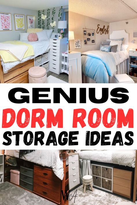 It's almost time to move into your dorm room! That means finding all of the best storage ideas to fit everything you need into that tiny college dorm. Smart Dorm Room Ideas, Dorm Room Storage Hacks, Diy College Dorm Decor, Storage For Dorm Room, Dorm Organization Ideas Storage, Dorm Room Space Saving Ideas, Dorm Room Storage Ideas Space Saving, Dorm Tv Stand, College Dorm Storage Ideas