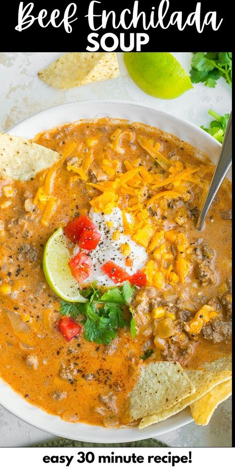 Cheesy Beef Enchilada Soup (30 Minute Recipe) Steak Enchilada Soup, Beef Enchilada Soup, Enchiladas Soup, Tomato Gnocchi Soup, Steak Enchiladas, Cream Cheese Enchiladas, Creamy Enchilada, Enchilada Soup Recipe, Soup Beef