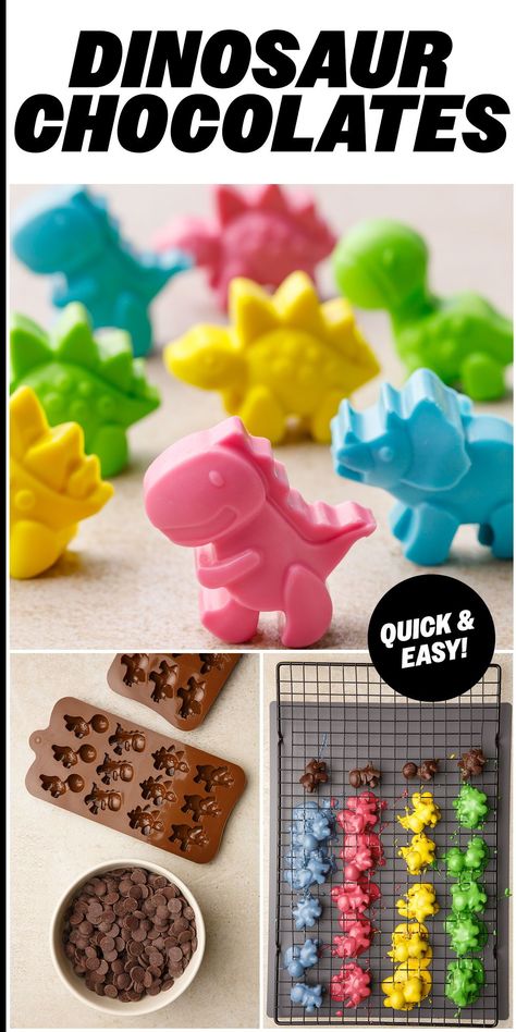 Make colorful homemade dinosaur chocolates! Just melt, pour, chill, and enjoy — it’s that easy and perfect for a dino treat, gift bag or dessert decoration. Dinosaur Desserts, Deserts Easy, Gluten Free Candy, Dinosaur Cookies, Yellow Candy, Chocolate Recipe, Rice Crispy Treats, Crispy Treats, Microwave Recipes