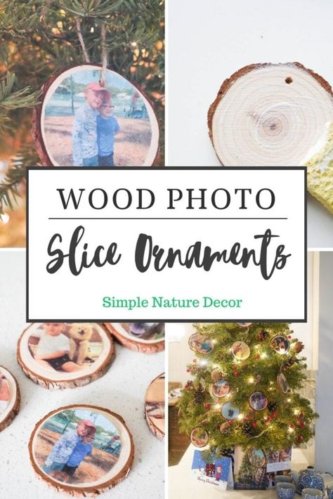 Wood Ornaments With Pictures, Puzzle Christmas Ornaments, Wood Slice Photo Ornament, Decoupage Wood Slices, Diy Christmas Wood Ornaments, Christmas Wood Round Ornaments, Small Wood Slice Crafts, Wood Cookies Ideas, Modge Podge On Wood