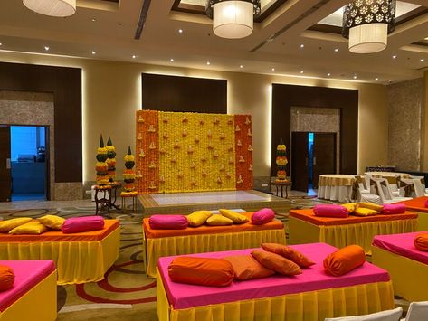 Photo From MARIGOLD MAGIC - By The Tailored Tale Indoor Haldi Decor, Nalugu Decoration, Indoor Haldi Decor Ideas, Mehndi Home Decor, Decoration Ideas Haldi, Mehendi Stage, Marigold Magic, Twinkle Wedding, Haldi Decoration Ideas At Home