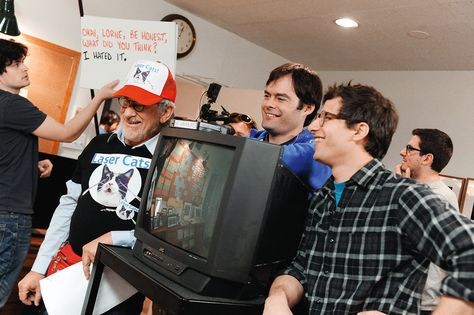 Behind the scenes of “Laser Cats 7” in Lorne Michael’s office, with Steven Spielberg, Bill Hader, and Andy Samberg. BY DANA EDELSON/COURTESY OF S.N.L. Saturday Night Live Poster, Snl Cast Members, Snl Saturday Night Live, Fred Armisen, Bill Hader, Andy Samberg, Night Live, Make You Cry, Saturday Night Live