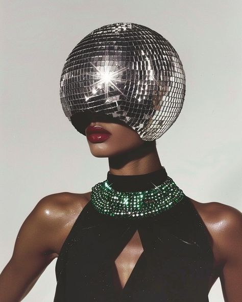 An editorial masterpiece where the model, adorned with a disco ball head and a striking black gown, showcases a green emerald necklace, blending glamour with futuristic fantasy. Disco Ball Hair, Disco Ball Photography, Disco Ball Outfit, Disco Photography, Disco Ball Head, Disco Ball Costume, Disco Necklace, Disco Ball Aesthetic, Disco Chic