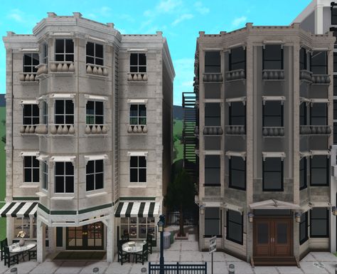 New York Buildings Bloxburg, Apartment Ideas Bloxburg Exterior, Cafe Apartment Exterior Bloxburg, Roblox Bloxburg Apartment Ideas Exterior, New York Bloxburg Apartment, Bloxburg Realistic City Ideas, Bloxburg Cities Layout, Bloxburg Town Ideas Exterior, Realistic Bloxburg Apartment Exterior