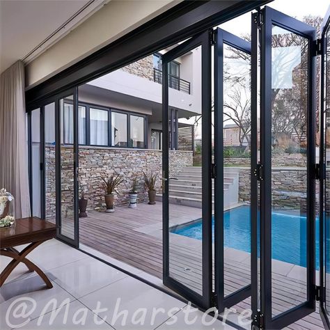 Double Glazed Folding Doors Custom Order Door for House - Etsy Patio Folding Doors, Bifold Doors Onto Patio, French Front Doors, Aluminum Doors, Wooden Kitchen Cabinets, Interior Exterior Doors, Rustic Exterior, Doors Exterior, Folding Door