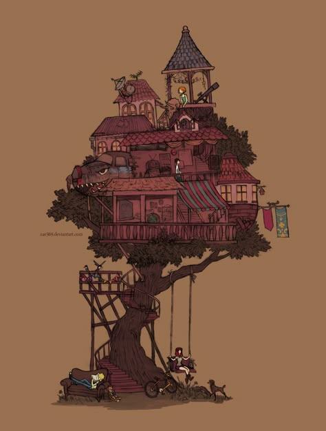 Room Art Ideas, Fantasy Treehouse, Tree House Drawing, Design A Website, Magical House, House Cartoon, 70s Sci Fi Art, Building Concept, Fantasy House