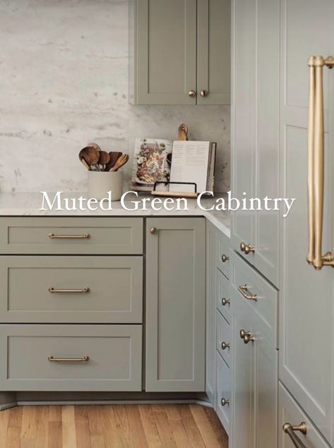 Muted Green Kitchen, Kitchen Rehab, Kitchen Remodel Cost, Muted Green, Kitchen Cabinet Colors, Kitchen Color, Green Kitchen, Cabinet Colors, Updated Kitchen