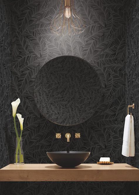 Moody Powder Room, Black Powder Room, Rainforest Canopy, Palm Leaves Pattern, Allover Pattern, Design Rules, York Wallcoverings, Powder Bath, Tropical Style