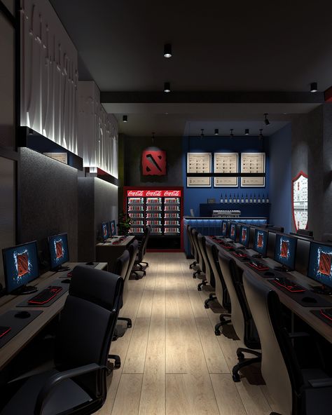 Careers Computer Cafe Interior Design, Game Net Design, Game Center Design Ideas, Computer Shop Interior Design, Gaming Cafe, Computer Club, Gaming Lounge, Gaming Center, Black Feature Wall