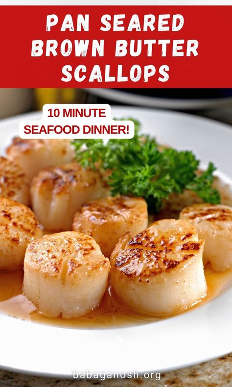 These Brown Butter Scallops are restaurant quality but take only about 10 minutes to make at home! An amazing homemade seafood dinner! Just 5 ingredients and the easiest cooking instructions. The buttery lemony sauce is perfect spooned over pasta or rice. If you're looking for seafood recipes or scallop recipes, give these easy garlicky scallops a try! Sauce For Scallops, Brown Butter Scallops, Easy Scallop Recipes, Butter Scallops, Seafood Scallops, Brown Butter Sauce, Pan Seared Scallops, Seared Scallops, Easy Butter