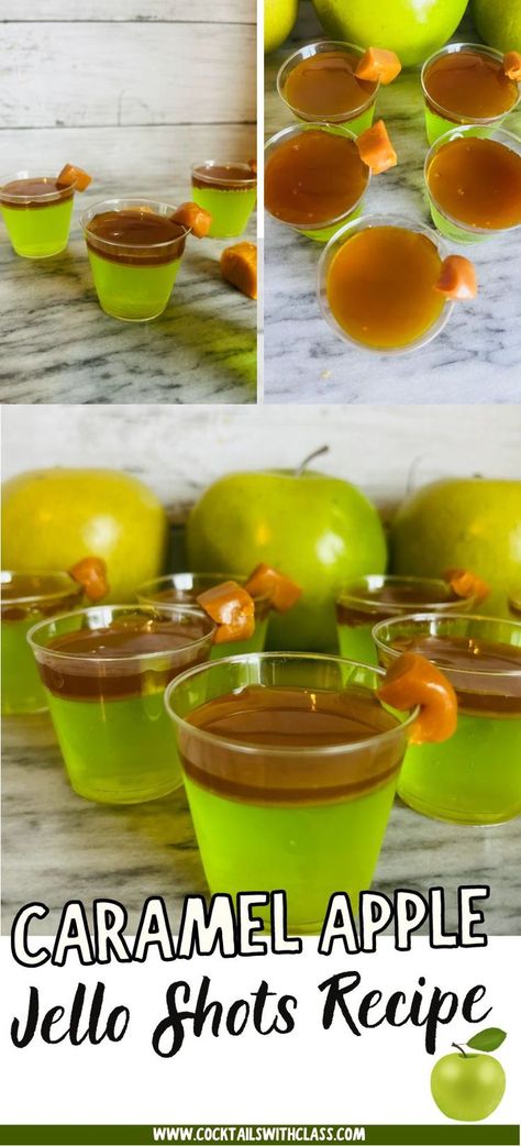 caramel apple jello shots Caramel Apple Jello Shots, Apple Jello Shots, Alcohol Jello Shots, Alcohol Punch, Shots Alcohol Recipes, Alcohol Shots, Halloween Jello Shots, Halloween Jello, Halloween Party Drinks