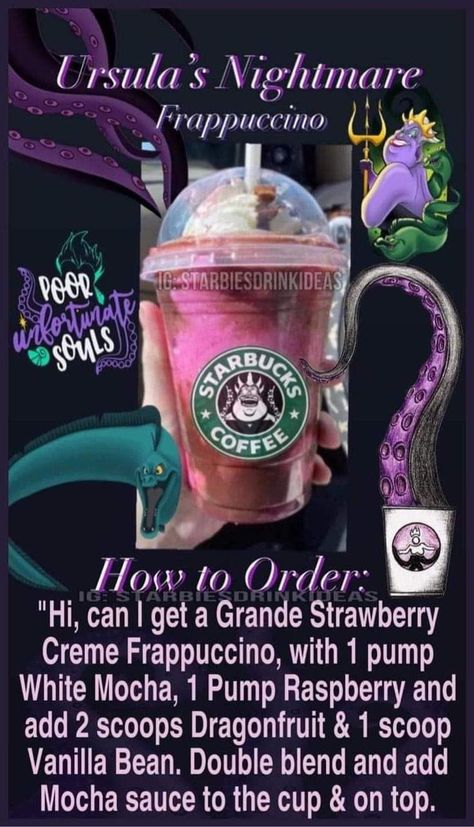 Ursula Starbucks Drink, Character Inspired Starbucks Drinks, Horror Starbucks Drinks, Disney Starbucks Drinks Recipes, Starbucks Drinks Disney, Starbucks Recipes Halloween, Disney Starbucks Drinks, Halloween Starbucks Drinks, Starbucks Halloween Drinks