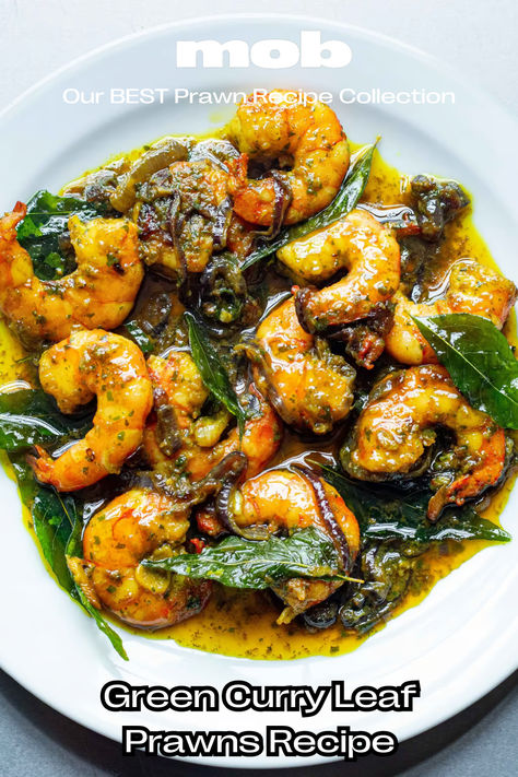 You'll need to find a generous handful of fresh curry leaves for these incredible curry leaf prawns. We promise, you won’t have tasted prawns like these before! They’re zesty, herby, spicy and perfect as a snack, starter or a light main with a malabar paratha or rice. If you want a bit more gravy, you can let the sauce down a bit with coconut milk. Fresh Curry Leaves Recipes, Curry Leaves Recipes, Malabar Paratha, Prawn Curry Recipe, Prawns Recipe, Curry Leaf, Salmon Tacos, Prawn Curry, Spinach Curry