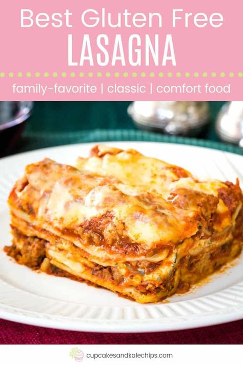 The ultimate in gluten free Italian comfort food with layers of hearty meat sauce, creamy ricotta cheese, and gooey mozzarella between sheets of gluten free lasagna noodles. Best Gluten Free Lasagna Recipe, Gluten Free Lasagna Recipe, Food Lasagna, Homemade Lasagna Recipe, Gf Dinners, Gluten Free Lasagna Noodles, Free Noodles, Homemade Lasagna Recipes, Best Lasagna Recipe