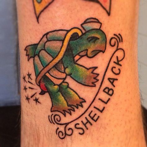 Shellback Shellback Tattoo, Golden Dragon Tattoo, Traditional Compass Tattoo, Traditional Tattoo Filler, Sailor Jerry Flash, Filler Ideas, Sailor Tattoos, Chain Tattoo, Turtle Tattoo Designs