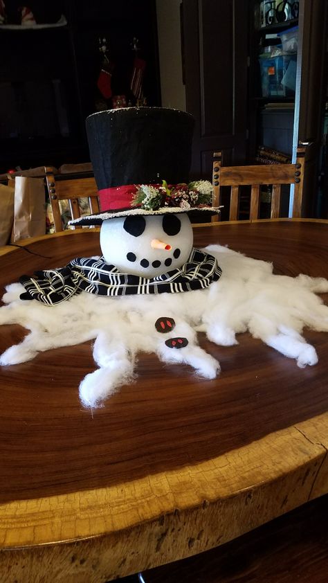 Melted Snowman table centerpiece Easy Snowman Decorations, Melting Snowman Centerpiece, Snowman Party Decorations, Snowman Table Setting, Snowman Table Centerpieces, Diy Snowman Decorations Snowmen Ideas, Snowman Centerpieces Diy, Snowman Mantle Ideas, Snowman Table Decorations