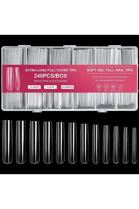 AORAEM Extra Long Square Full Cover Nail Tips 240PCS XXXL Clear Full Cover Fake Nails False Nails 12 Sizes Tapered Square Press on Fake Nail Tips for Acrylic Nails Salons Home DIY with Box Full Cover Nail Tips, Long Square Nails, Tapered Square Nails, Square Nail, Tapered Square, Nagel Tips, Long Square Acrylic Nails, Nail Forms, Pedicure Nail Art