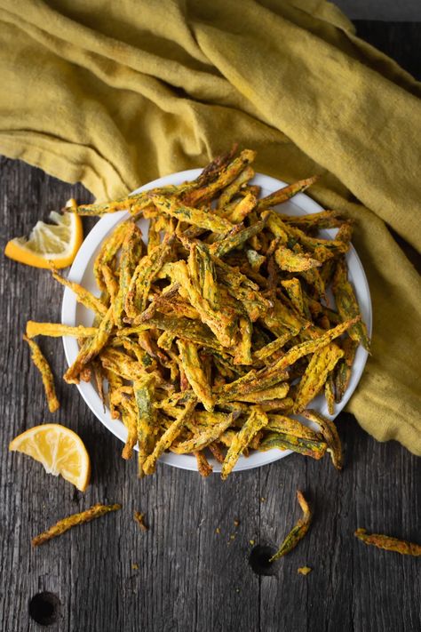 Kurkuri Bhindi | Air Fryer Fried Okra Kurkuri Bhindi, Okra Fries, Fried Okra, Red Chili Powder, Indian Dishes, Rice Flour, Okra, Garam Masala, Deep Fried