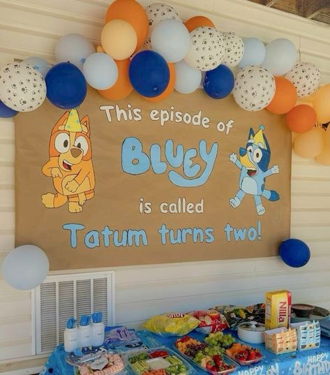 Diy Second Birthday Decorations, Bluey Theme 1st Birthday, Blues Birthday Theme Girl, Bluey Bingo 2nd Birthday Party, Homemade Bluey Decorations, Bluey 3 Birthday Party, Bluey Party Balloons, Bluey Birthday Banner Painted, Bluey Party Balloon Arch