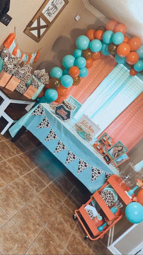 Cute Western Birthday Ideas, Preppy Western Birthday Party, Cow Print Bday Party, Sweet 16 Western Party Ideas, Sweet 16 Party Ideas Cow Theme, Cow Sweet 16, Western Theme Sweet 16 Party, Cow Print And Teal Birthday Party, 16 Birthday Party Ideas Western