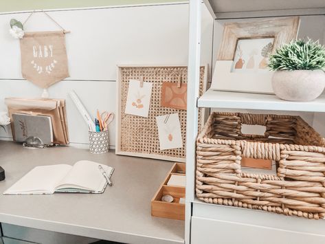 Added some warm and natural textures to my very white office cubicle. Touches of wood, stone, rattan, cane and rose gold make this a very inviting place to work. Neutral Work Office Decor, Boho Office Desk Accessories, Boho Work Desk Decor, Sage Green Cubicle Decor, Work Cubical Decor, Rustic Cubicle Decor Ideas, Cute Cubicle Ideas Bohemian, Office Cubicle Decorating Ideas Work, Office Cubical Decorating Ideas