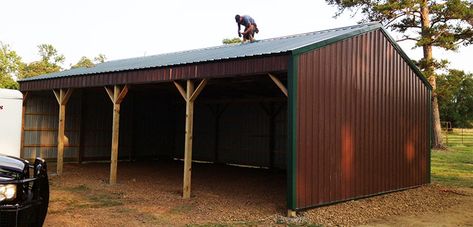 Looking for an easy-to-build three sided pole barn to keep your equipment out of the elements? Shop Sutherlands for pole barn and post frame buildings. 3 Sided Carport, Three Sided Shed, Equipment Shed, 3 Sided Shed, Pole Barn Shop With Porch, Pole Barn For Boat Storage, Pole Barn Shop 30x60, 8x12 Shed Plans, Pole Barn Garage With Storage Loft