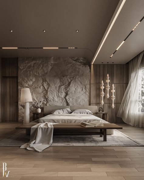 Master Bedroom. :: Behance Modern Villa Bedroom, Luxury Japandi, Small Luxury Bedroom, Behance Bedroom, Modern Hotel Room Design, Bedroom Behance, Dark Luxury, Modern Hotel Room, Architectural Design Studio