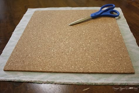 LOVE THIS!  DIY fabric covered cork tiles.  So easy and stylish!  By Designer Trapped in a Lawyer's Body for All Things Thrifty. Fabric Covered Pegboard, How To Make A Pin Board Fabric Covered, Fabric Covered Cork Board Diy, Covering Cork Board With Fabric, Cover Cork Board With Fabric, Fabric Cork Board, Covered Cork Board, Fabric Covered Cork Board, Diy Kids Desk