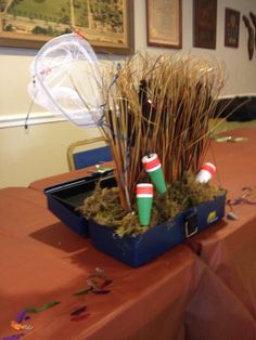 camping and fishing themed birthday party for a man | Retirement Party Fishing Theme Titusville Moose Lodge #1962 More Fishing Centerpieces Ideas, Fishing Centerpieces, Retirement Centerpieces, Birthday Tablescape, Fish Centerpiece, Fishing Theme Party, Fishing Themed Birthday Party, Fish Party, Moose Lodge