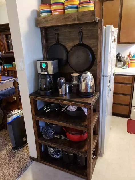 Bakers Rack - Imgur Wooden Kitchen Rack Design, Diy Bakers Rack Ideas, Diy Bakers Rack, Pallet Coffee Bar, Wooden Bakers Rack, Bakers Rack Ideas, Pallet Furniture Tv Stand, Bakers Rack Kitchen, Diy Coffee Station