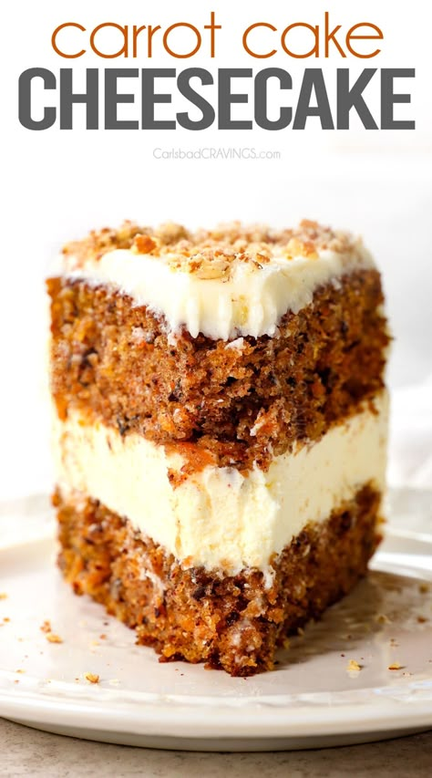 Carrot Cake Cheesecake (with NO BAKE cheesecake!) Carrot Cake Cheesecake Recipe, Carrot Cheesecake, Carrot Cake Cheesecake, Baked Carrots, Carlsbad Cravings, Dessert Cookies, Cake Cheesecake, Cheesecake Cake, Cookies Baking