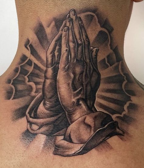 Prayer Hands Tattoo, Dove Tattoo Design, Praying Hands Tattoo, Hands Tattoo, Dove Tattoo, Gangsta Tattoos, Statue Tattoo, Cross Tattoo For Men, Chicano Style Tattoo