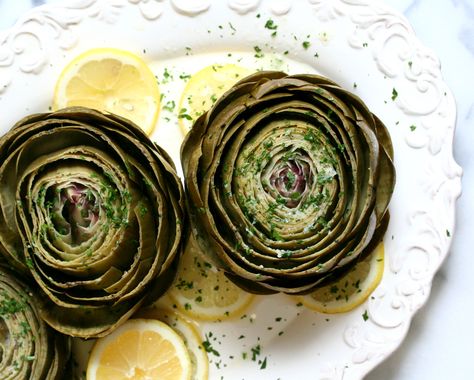 Steamed Artichoke, Baked Panko Chicken, Steamed Artichokes, Roasted Artichokes, Parsley Butter, Steam Artichoke, Healthy Spring Recipes, Impressive Appetizers, Roasted Artichoke