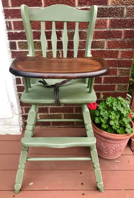 Dad's restored highchair for daughter's babydoll. Painted, distressed, and stained. Painted Wooden High Chair, Wooden Highchair Makeover, Wooden High Chair Makeover, Redo Furniture Ideas, Painted High Chairs, Wooden Chair Makeover, Wooden Baby High Chair, Antique High Chairs, Painting Chairs