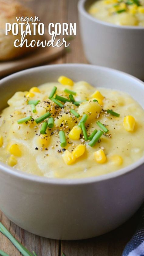 Vegan Potato Corn Chowder is a thick and hearty, dairy-free recipe. It takes only one pot and a few simple ingredients you have in your kitchen. This rich and chunky soup will keep you warm all winter long! #vegansoups #potatosoup #veganrecipes #meatlessmonday #vegandinners via @WYGYP Vegan Chowder, Vegan Winter Recipes, Vegan Corn Chowder, Potato Corn Chowder, Vegan Potato, Vegan Soup Recipes, Vegan Soups, Corn Chowder, Vegan Soup