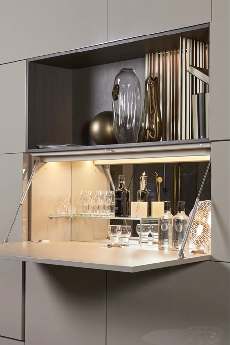 Hidden Bar Ideas For Home, Bar Drawers, Bar Unit In Living Room, Hidden Bar Cabinet, Mini Bar At Home, Small Bars For Home, Hidden Desk, Bar At Home, Contemporary Shelving