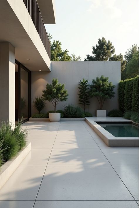 Contemporary patio featuring sleek porcelain tiles and modern landscaping elements Modern Backyard Design Ideas, Patio Design Pavers, Porch Tiles Outdoor, Porcelain Tile Patio, Backyard Paving Ideas, Backyard Tiles, Modern Concrete Patio, Pavers Patio Ideas, Concrete Backyard Ideas