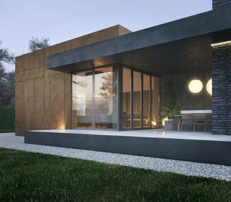 004-house-rzhavo-by-need-design-W1390 « HomeAdore Contemporary House Exterior Design, Modern Exterior House, Luxury Modern House, Modern Exteriors, Exterior House Design, Modern Residential Architecture, Exterior Facade, Flat Roof House, Contemporary House Exterior