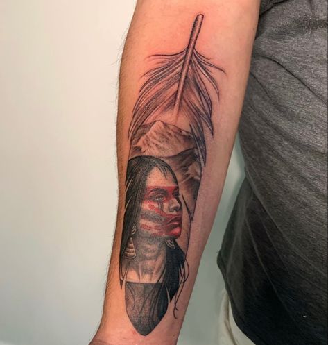 Indigenous Tattoos For Women, Native American Leg Sleeve Tattoo Women, Mmiw Tattoos For Women, Feather Indian Tattoo, Indian Tribe Tattoo, Mmiw Art, Native American Theme Tattoo, Indigenous Tattoo, Native American Woman Tattoo Design