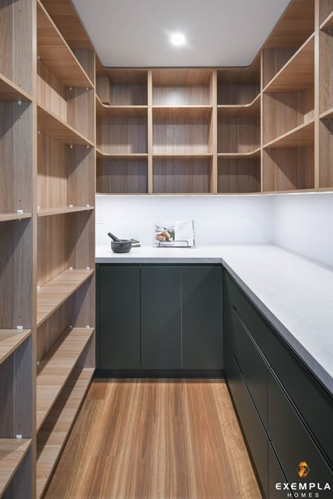 Chef Pantry Ideas, Walk In Pantry Modern, Small Walk In Pantry Layout Kitchen Designs, Scullery Storage Ideas, Black Pantry Ideas, Pantry Shelving Ideas With Window, Home Pastry Kitchen, Butlers Pantry Design Walk In, Coffee Bar Pantry Ideas