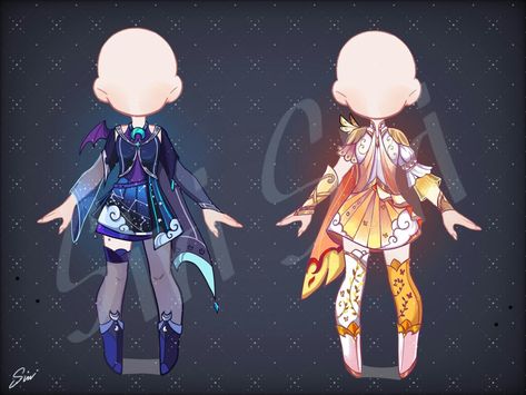 Lunar Themed Outfits, Sun Staff Design, Moon Outfit Design, Moon Themed Character Design, Eclipse Outfit Ideas, Sun Witch Outfit, Sun And Moon Gacha Club, Sun And Moon Outfit, Sun And Moon Dress