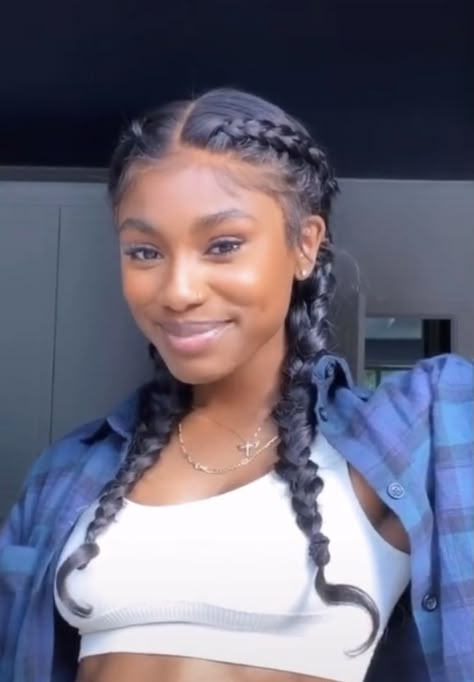 French Braids On Black Women, 2 Natural Braids Black Hair, Baddie French Braids, French Crown Braid, Two Plaits Hairstyles Black Woman, French Braids 4c Hair, French Braids For Black Women Two, Two Natural Braids, Two French Braids Black Women